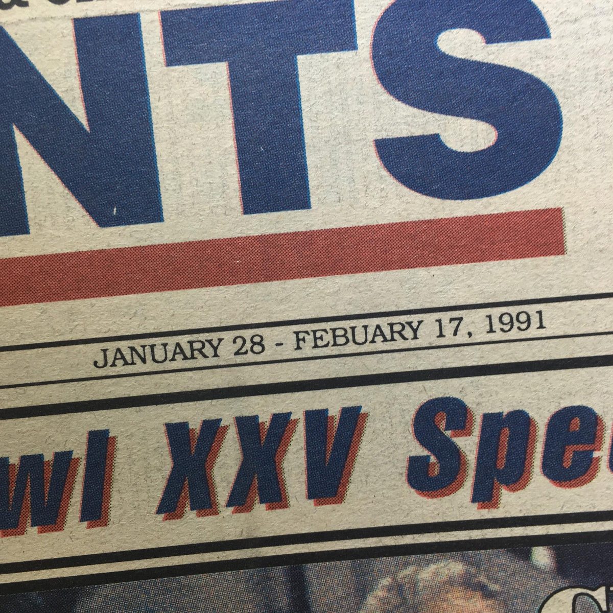Close-up of the Giants Extra newspaper dated January 28 - February 17, 1991, highlighting the publication's emphasis on the Super Bowl XXV Special Edition.