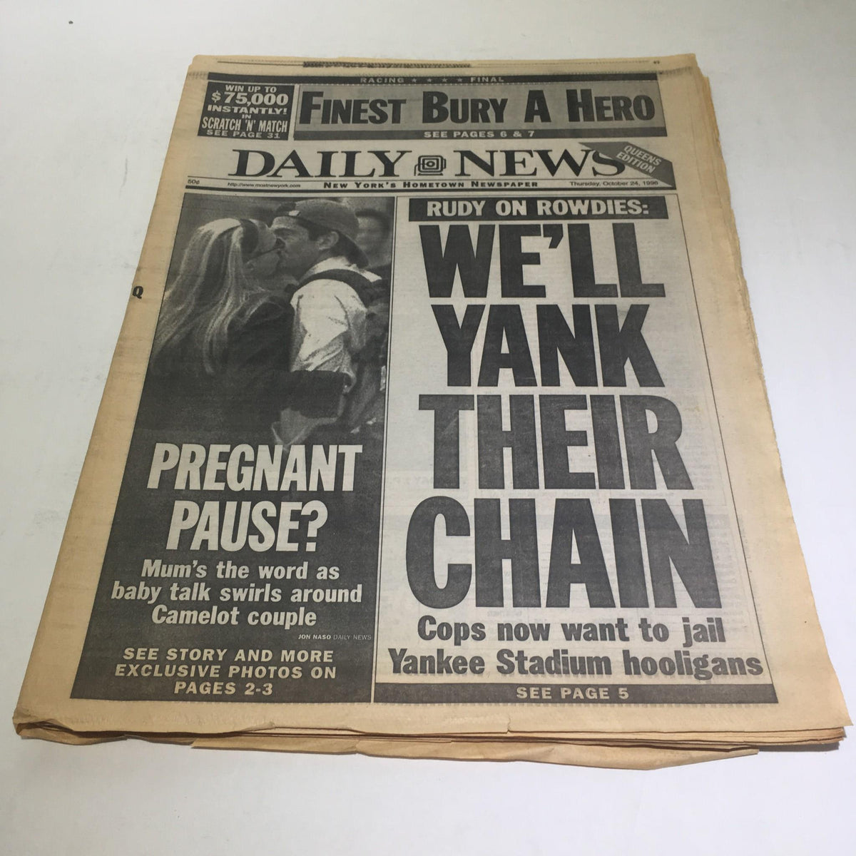 New York Daily News headline from October 24, 1996, featuring the headline 'We'll Yank Their Chain' about hooliganism at Yankee Stadium, along with a photo of fans.