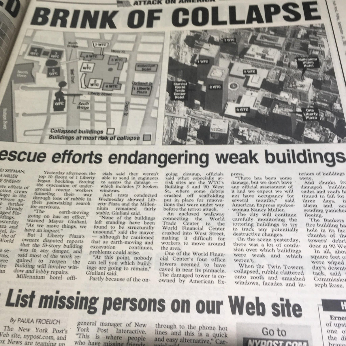Interior page of the New York Post discussing rescue efforts following the September 11 attacks, with maps showing collapsed buildings and ongoing emergency response.