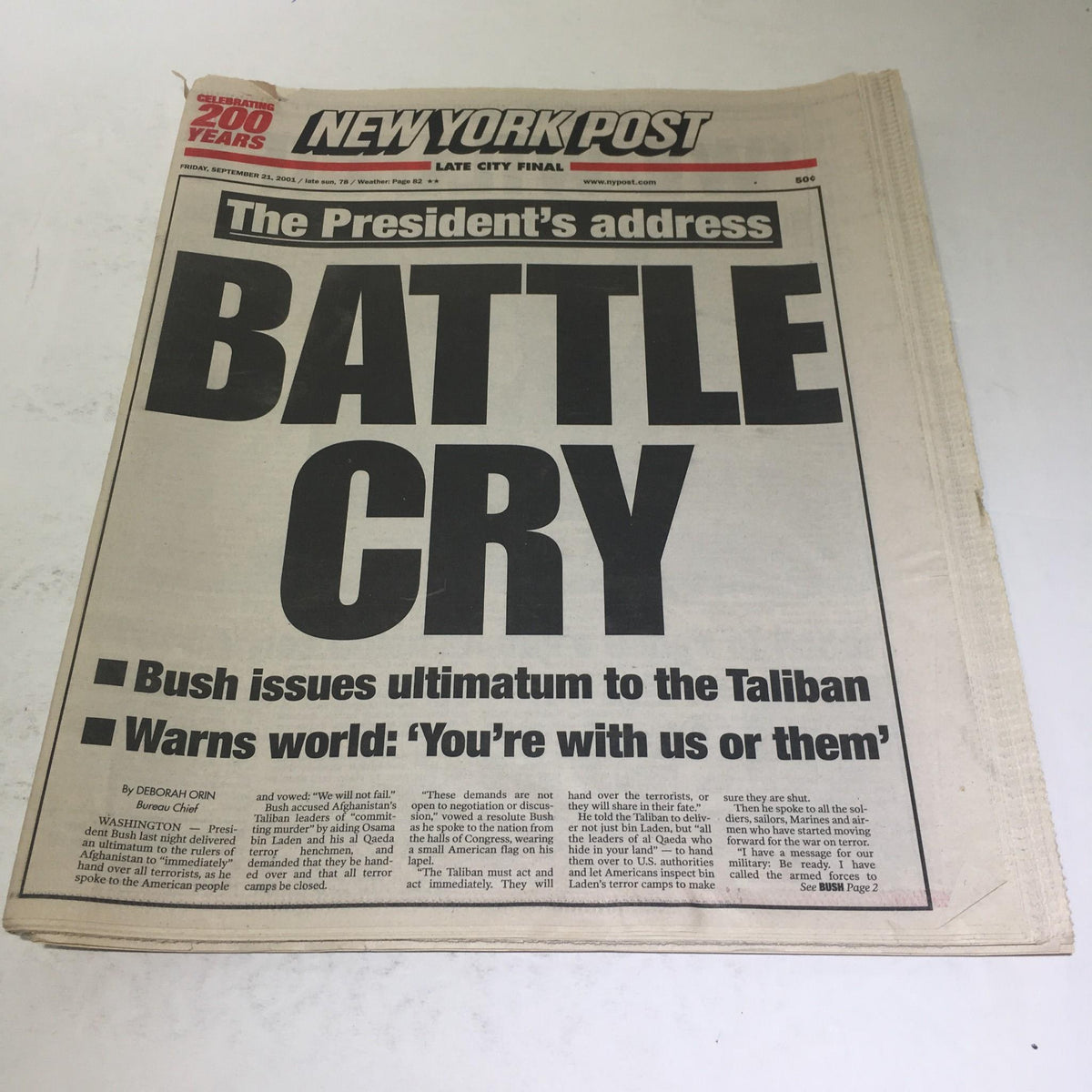 New York Post front page from September 21, 2001, featuring the headline 'Battle Cry', related to President Bush's address and his ultimatum to the Taliban.