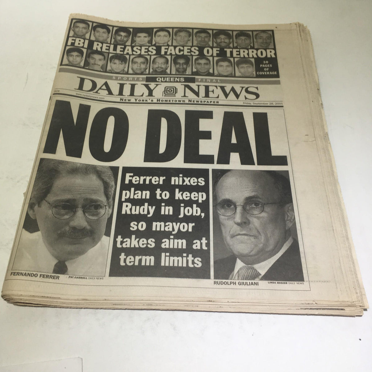 NY Daily News cover from September 28, 2001, featuring the headline 'NO DEAL', with images of Fernando Ferrer and Rudolph Giuliani discussing political events.