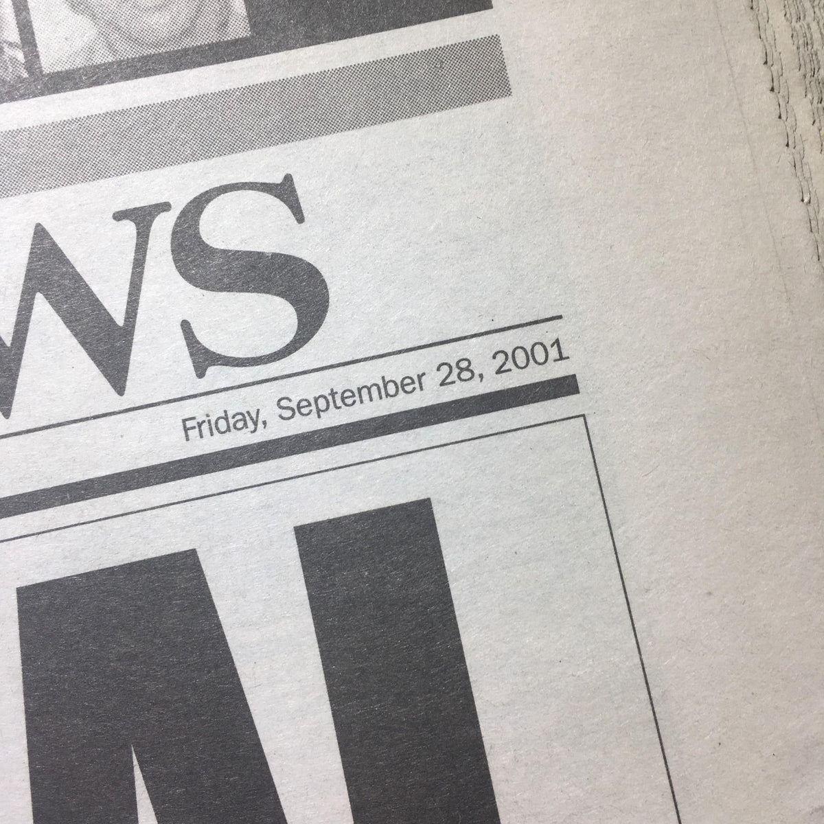 Close-up of the NY Daily News date and header from September 28, 2001, highlighting the newspaper's title and publication date.