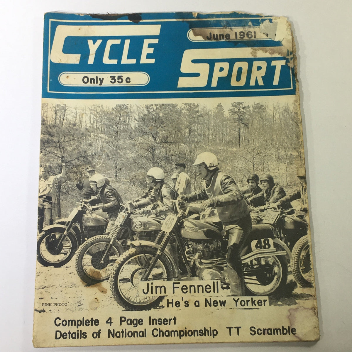 Cover of VTG Cycle Sport Magazine June 1961 featuring Jim Fennell, highlighting the National Championship Scramble with a vintage motorcycle racing scene.