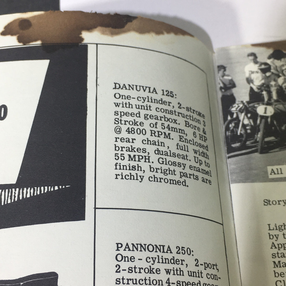 Text from the VTG Cycle Sport Magazine June 1961 featuring specifications for Danuvia 125 motorcycle model, providing detail on its features and performance.