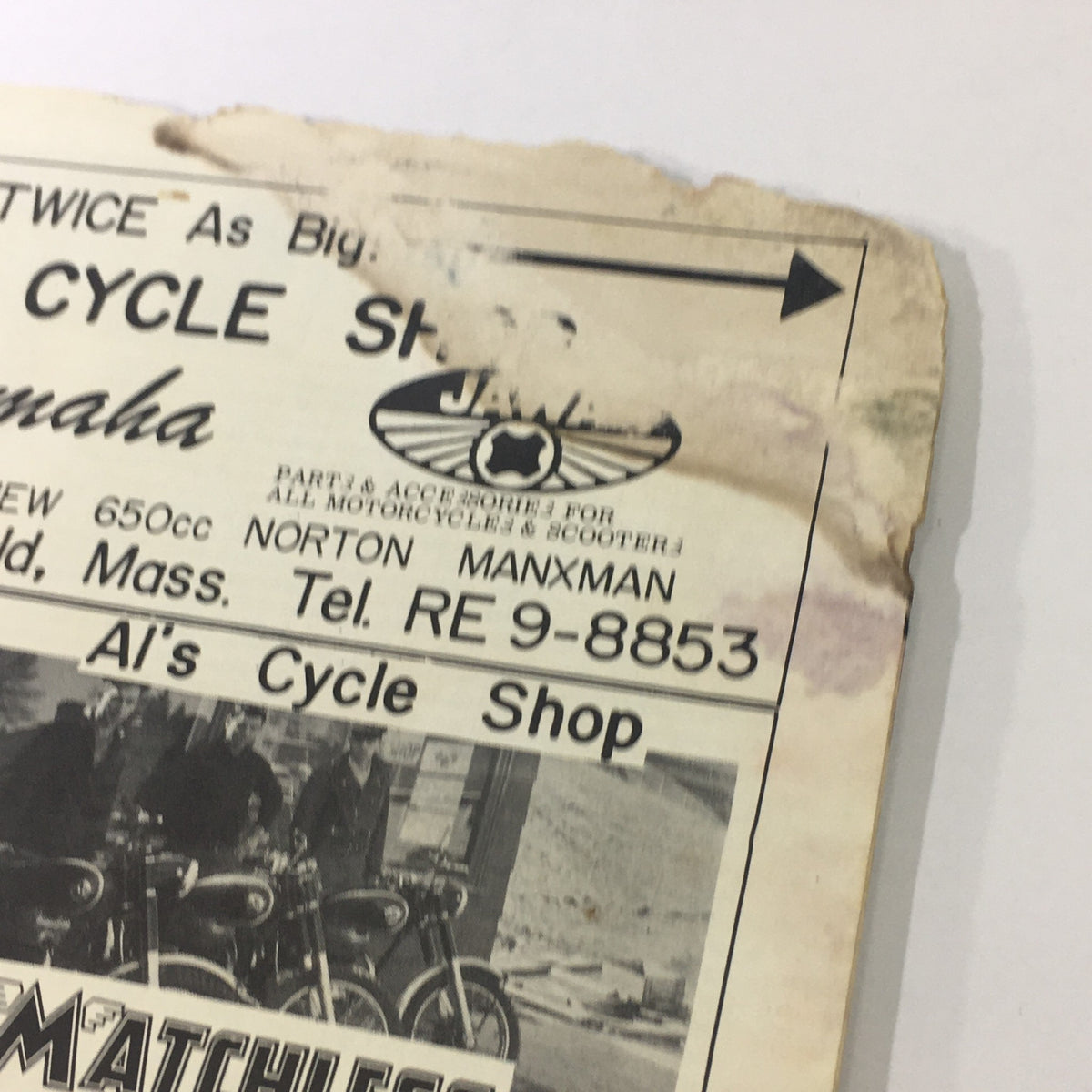 Advert from the VTG Cycle Sport Magazine June 1961, showcasing Al's Cycle Shop with details on motorcycle parts and services, featuring classic motorcycles.