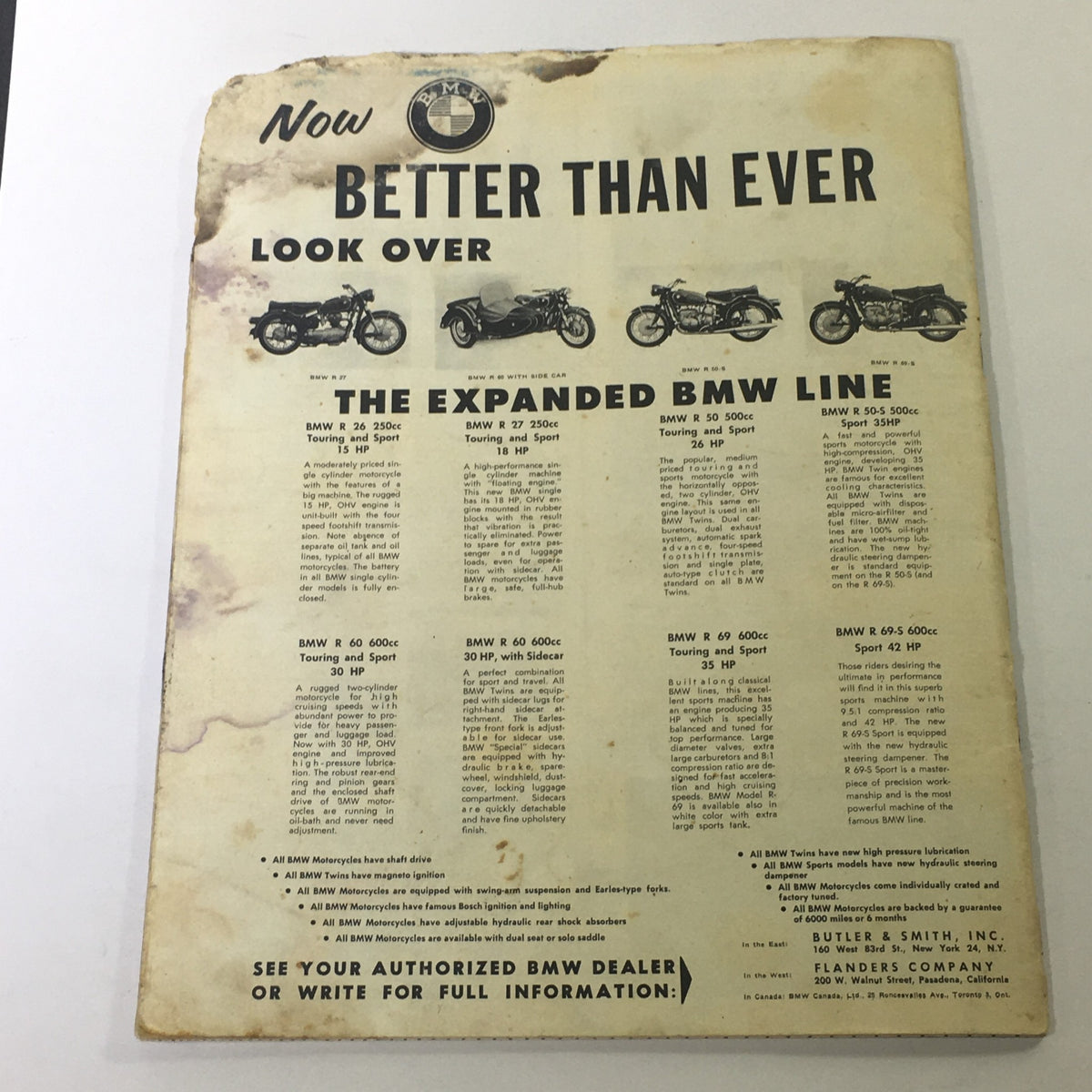 Advertisement page from the VTG Cycle Sport Magazine June 1961, highlighting the BMW motorcycle lineup with technical specifications and features.