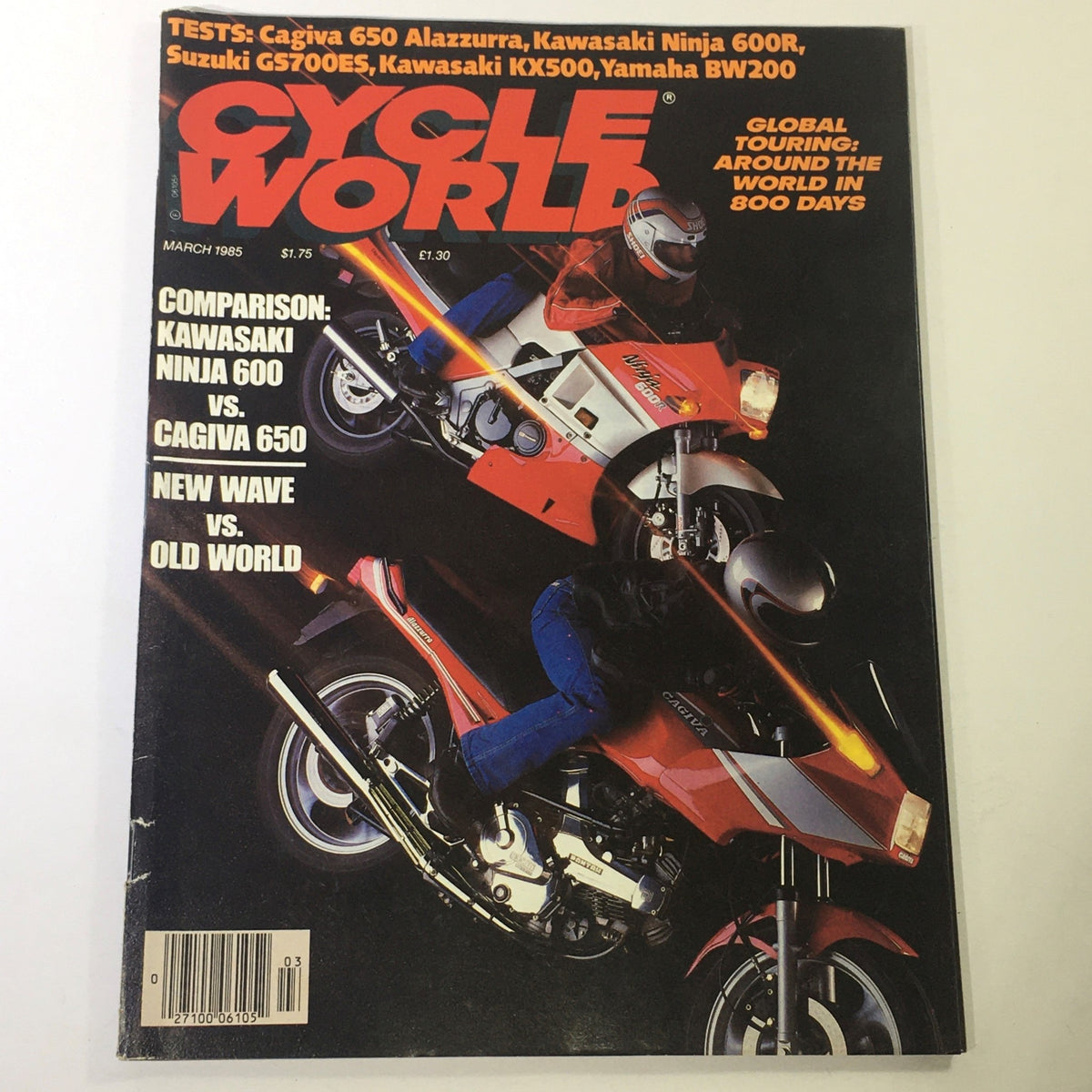 Cycle World Magazine March 1985 featuring a comparison of the Kawasaki Ninja 600 and Cagiva 650 Alazzurra on the cover. The magazine highlights exciting motorcycles from the 1980s and serves as a collectible for motorbike enthusiasts.