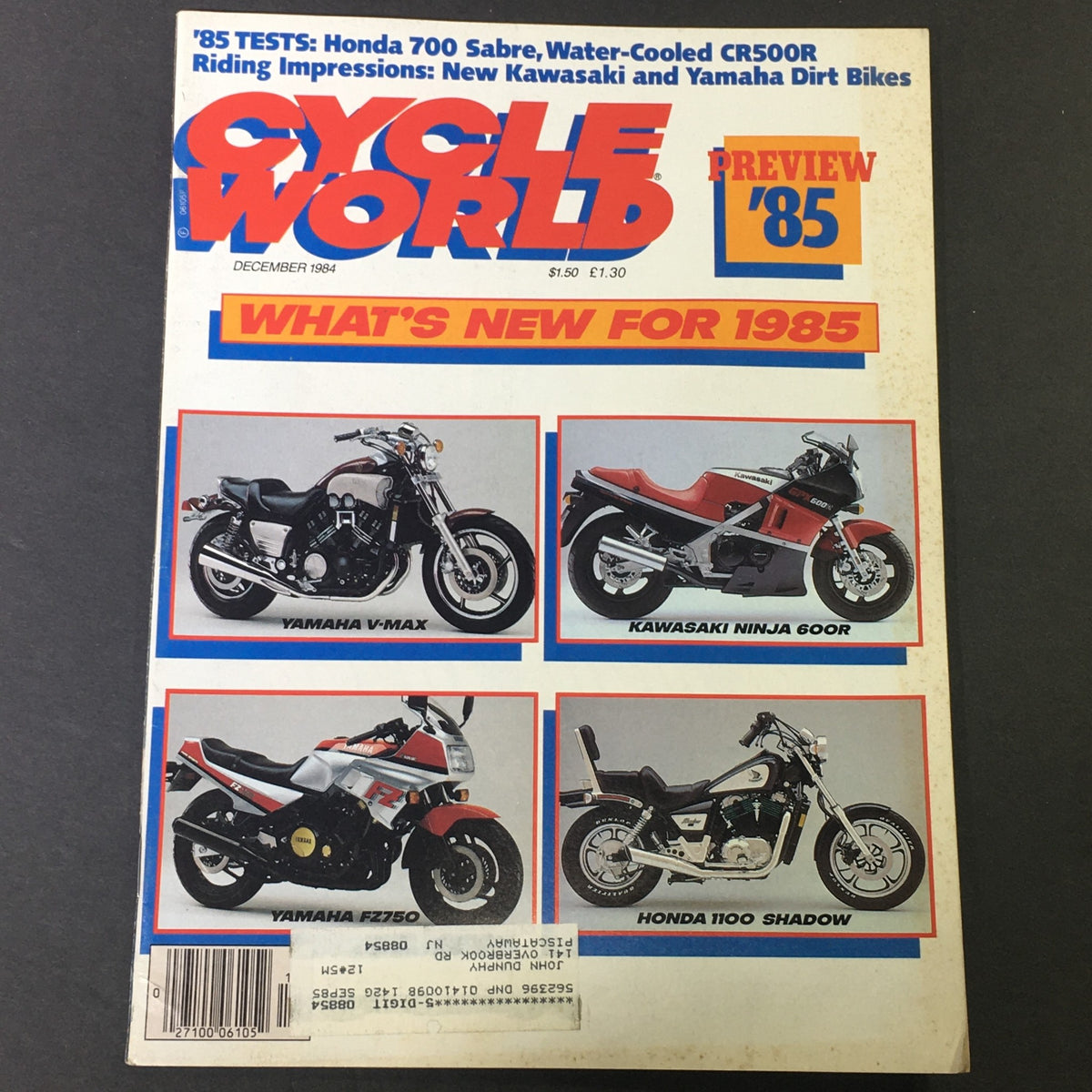 Cycle World Magazine December 1984 cover featuring Yamaha V-Max and Kawasaki Ninja 600R. Includes images of Yamaha FZ750 and Honda 1100 Shadow with descriptions of motorcycle innovations for 1985.