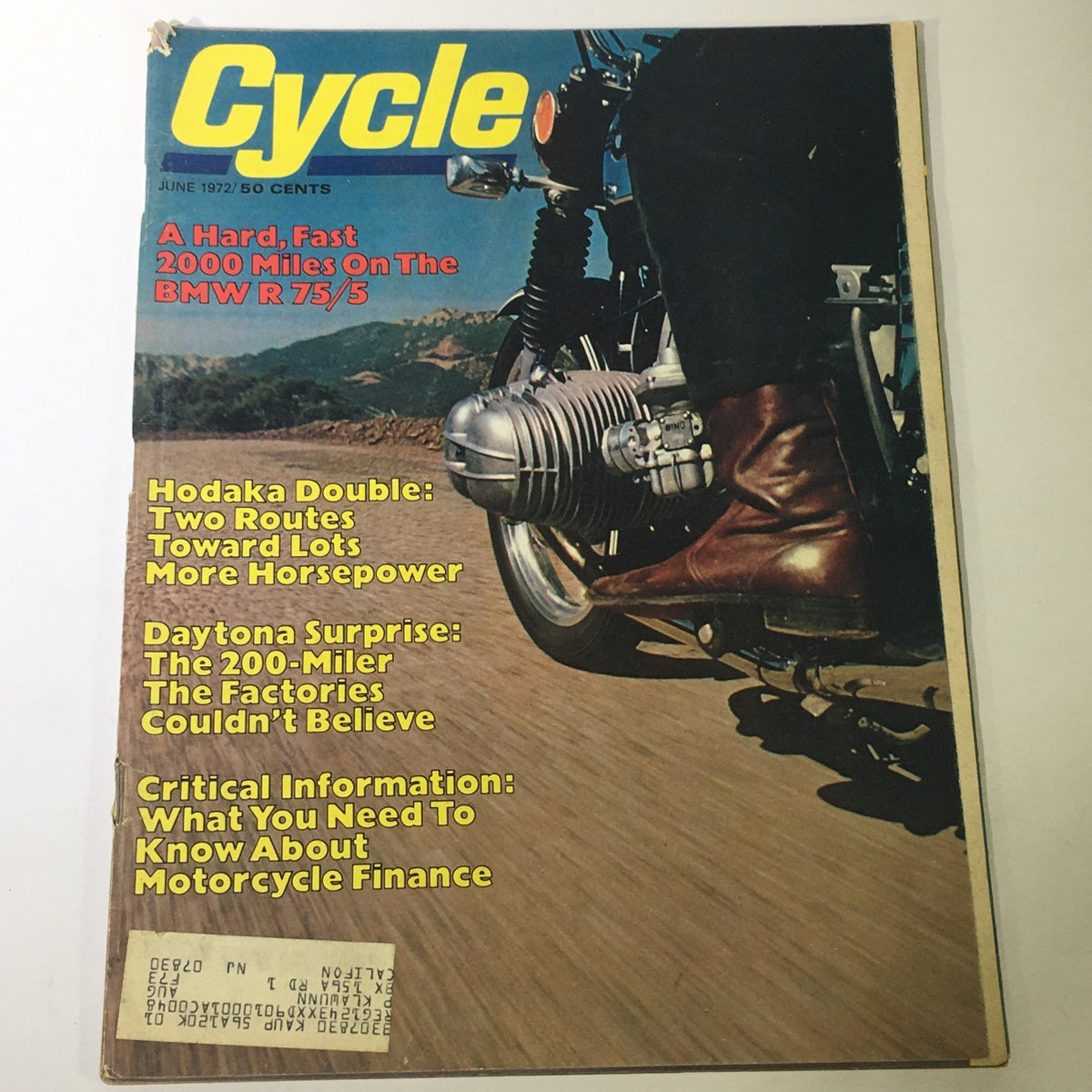 Cover of VTG Cycle Magazine June 1972 featuring a BMW R 75/5 motorcycle on a scenic road, highlighting articles on Hodaka Double and Daytona Surprise.