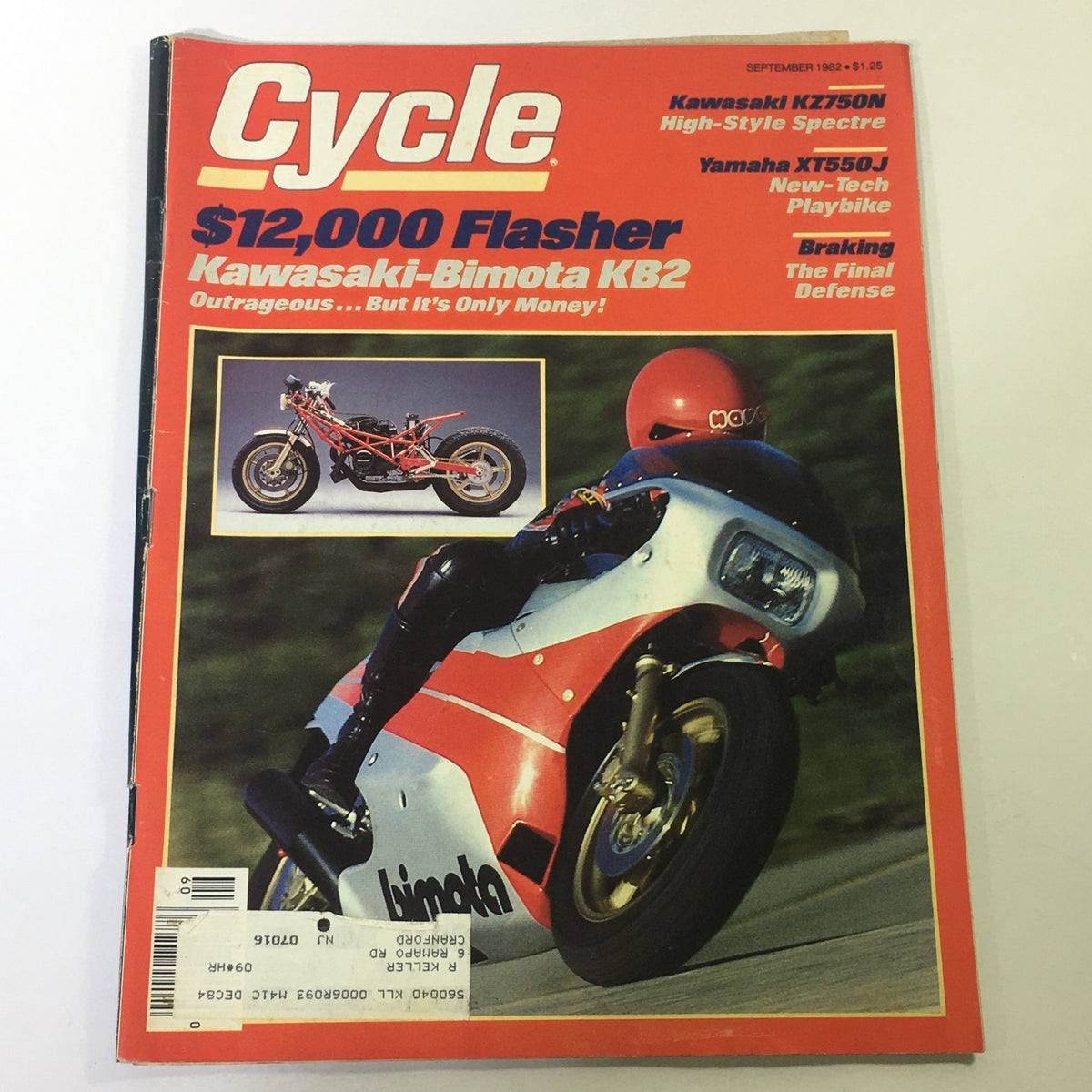Vintage Cycle Magazine Cover from September 1982, featuring the Kawasaki-Bimota KB2 and Kawasaki KZ750N with a striking red background and motorcycle imagery.