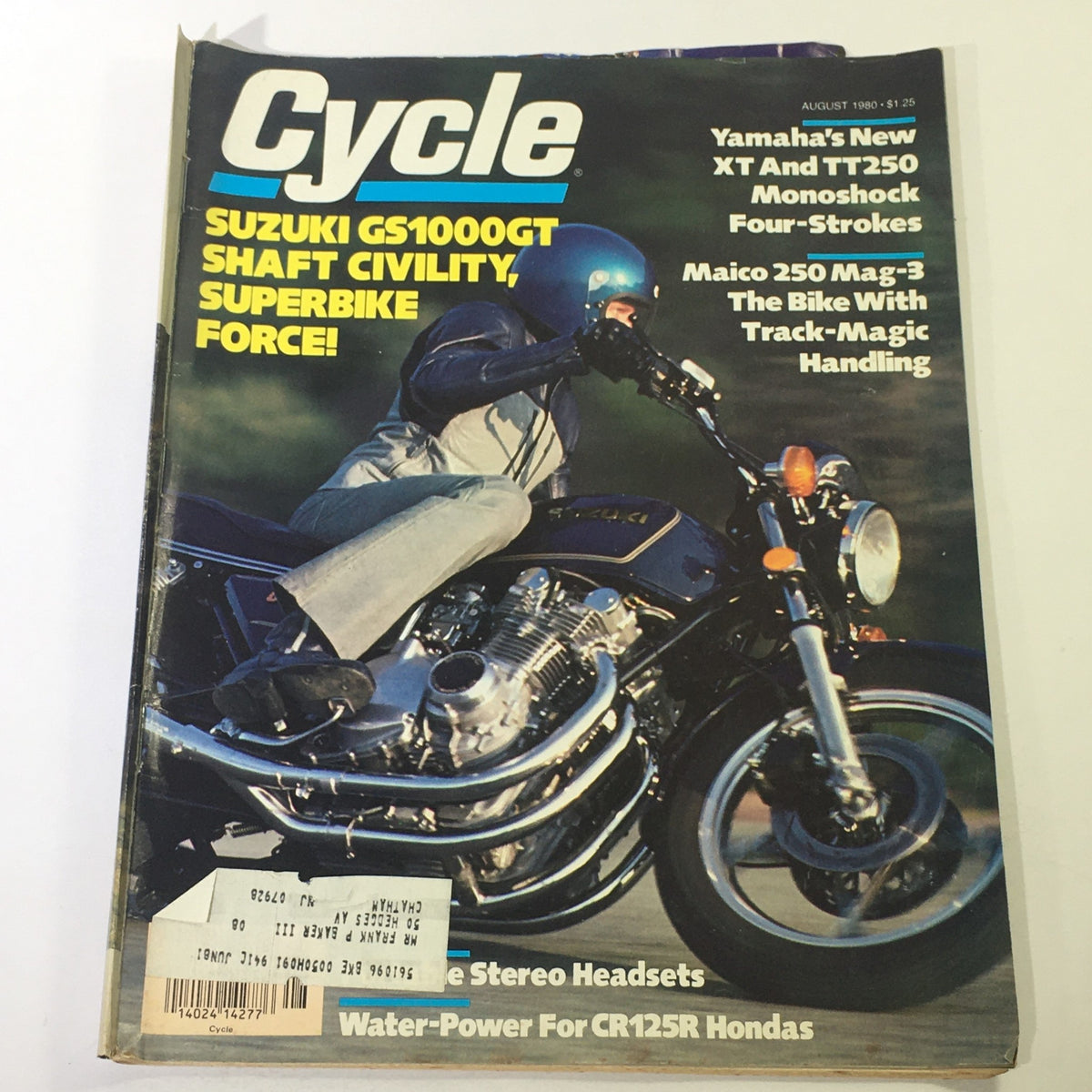 Cycle Magazine August 1980 cover featuring Suzuki GS1000GT motorcycle, Yamaha XT and TT250 four-strokes, and a rider in a blue helmet. Highlights include super bike features and 1980s motorcycle technology advancements.