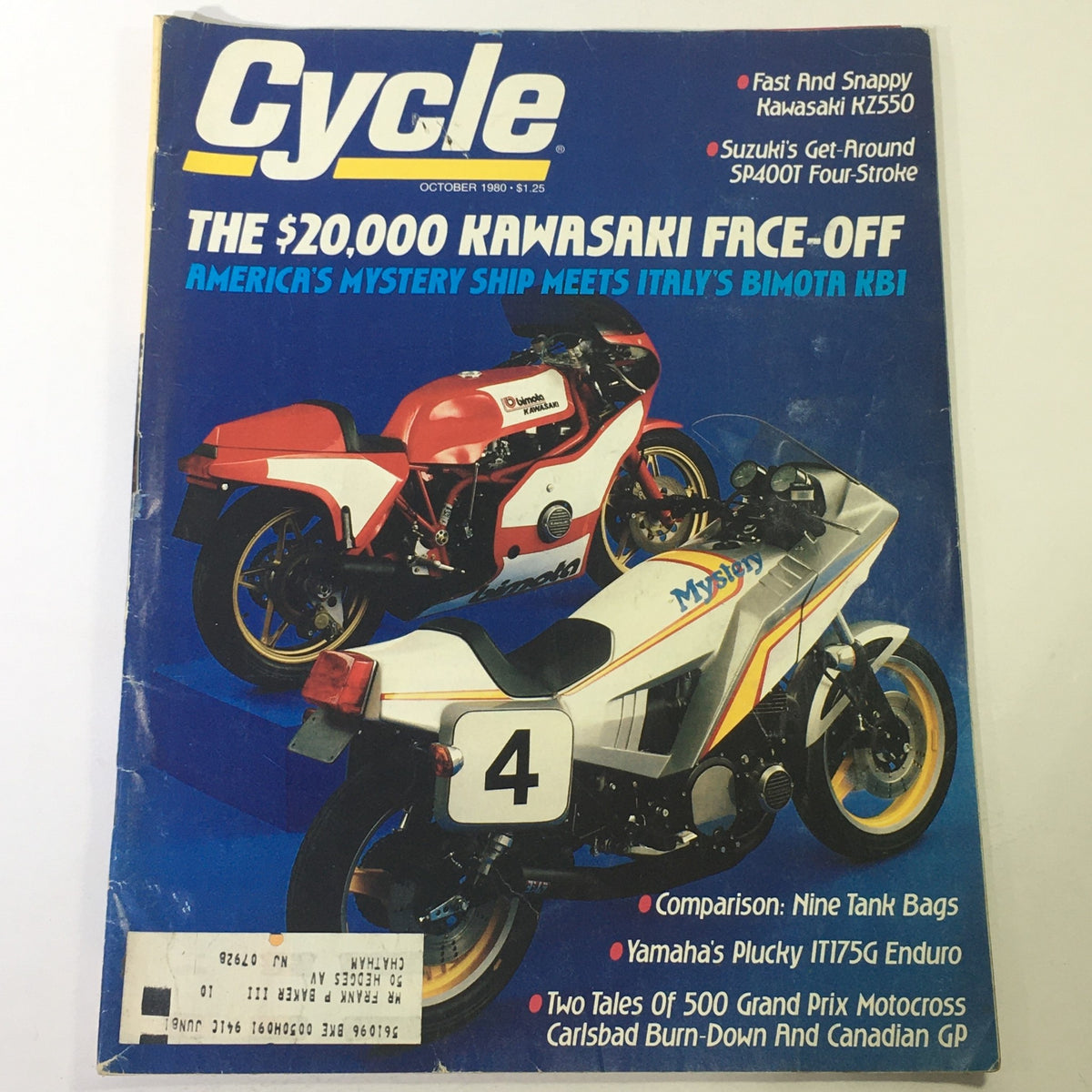 Cover of the VTG Cycle Magazine from October 1980 featuring the Kawasaki KZ550 and Suzuki SP400T along with the Bimota KB1, showcasing motorcycle culture and history.