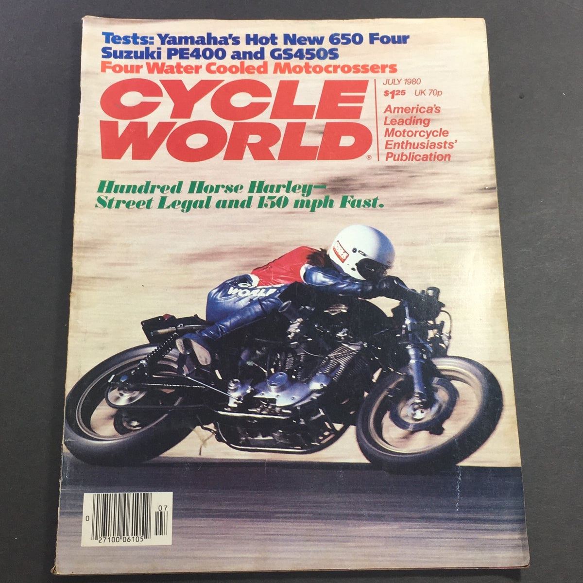 Vintage Cycle Magazine cover from July 1980 featuring Yamaha 650 Four, Suzuki PE400, and GS450S motorcycles. Highlights include tests of new models, street legal motorcycles and racing features, ideal for motorcycle enthusiasts.