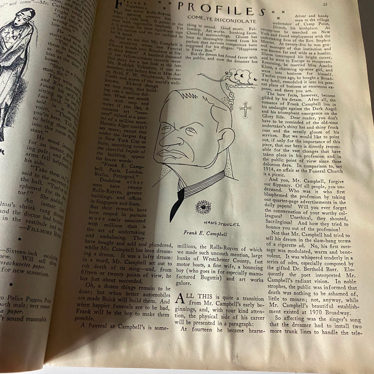 Illustration featuring a caricature of Frank E. Campbell published in The New Yorker Complete Magazine November 20, 1926, showcasing unique artistic styling typical of the era.