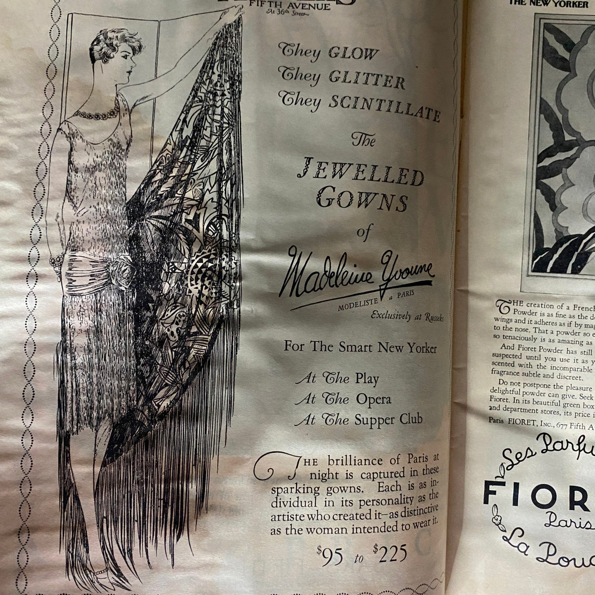Advertisement for jewel gowns in The New Yorker Complete Magazine November 6, 1926, with an elegant vintage illustration.