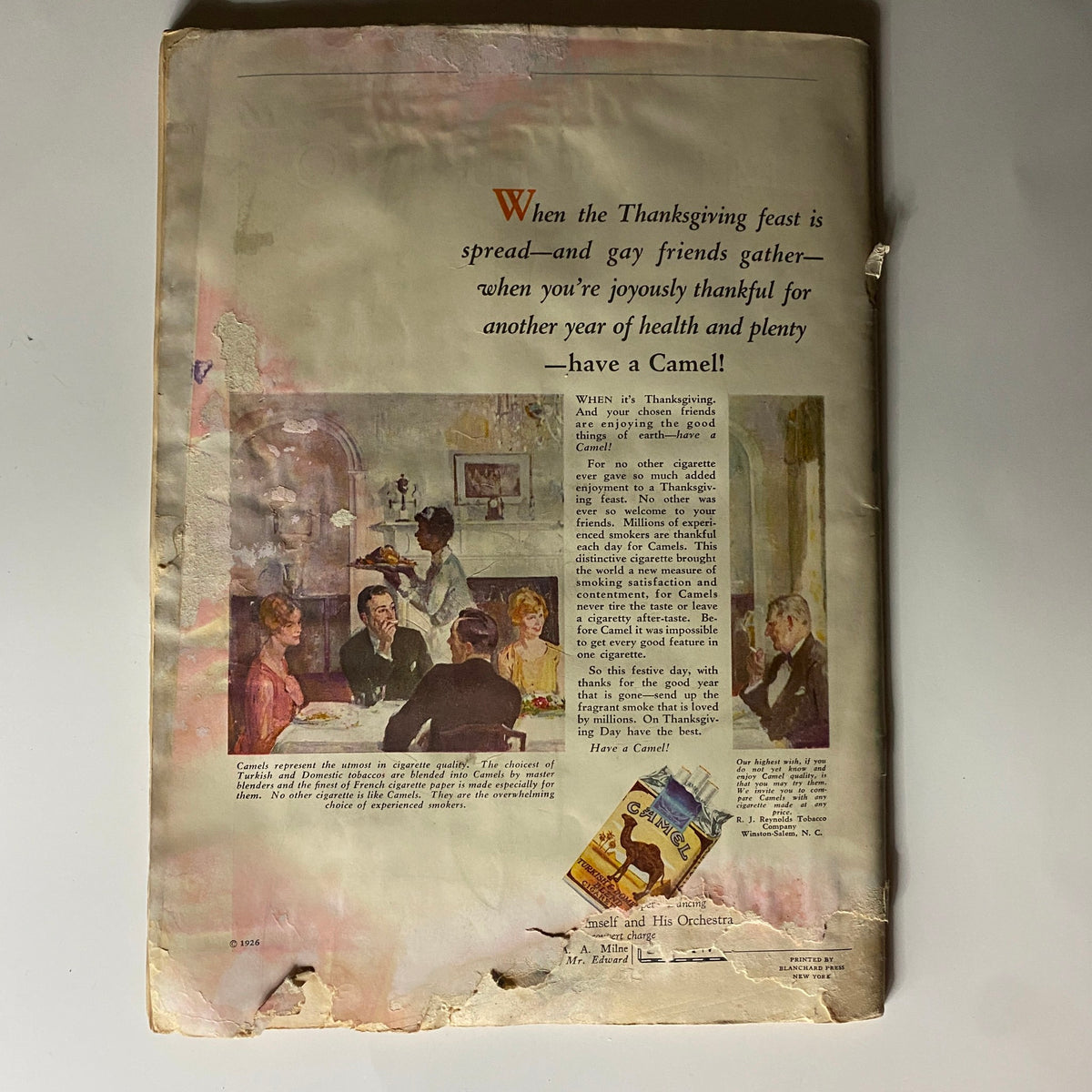 The New Yorker Complete Magazine November 6, 1926 featuring an advertisement on the back cover, illustrating a Thanksgiving feast and social gathering, showcasing mid-20th century artwork.