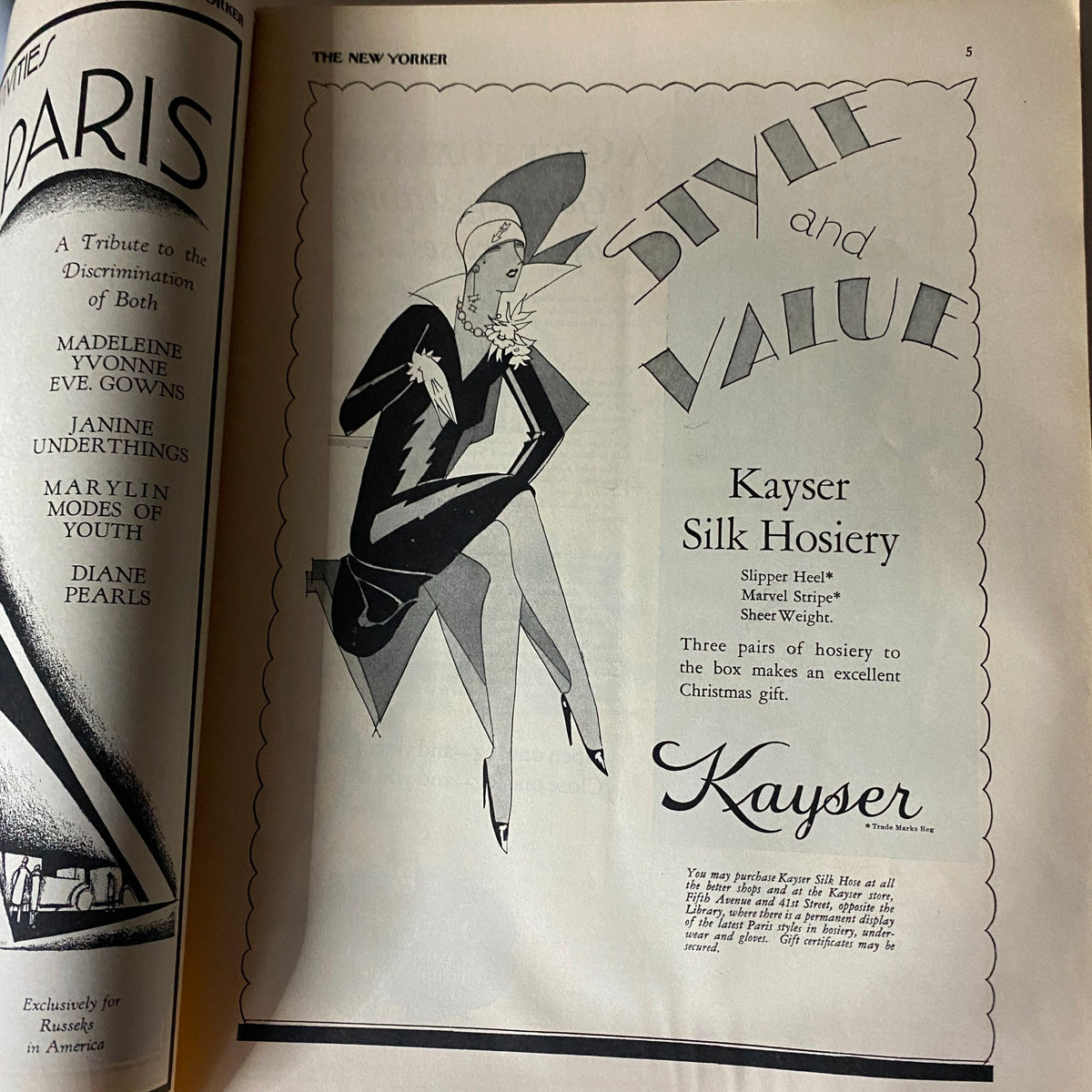 An advertisement for Kayser Silk Hosiery featured in The New Yorker Complete Magazine on December 4, 1926, showcasing a stylish female figure emphasizing fashion and elegance.