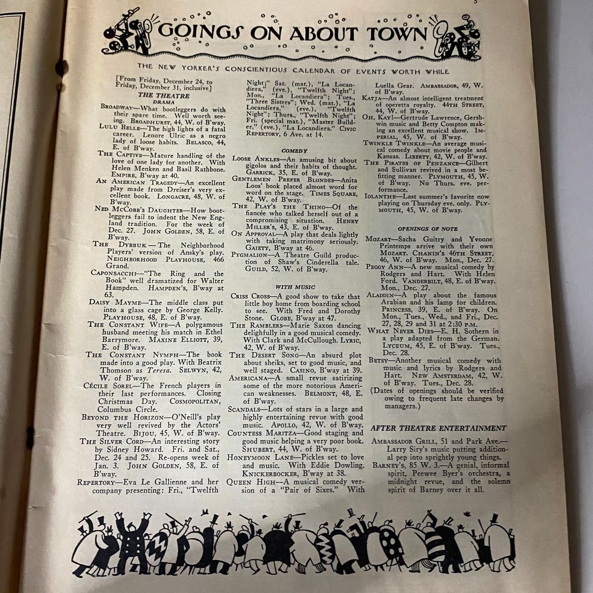 Page from The New Yorker December 25, 1926 showcasing the calendar of events titled 'Goings On About Town'.