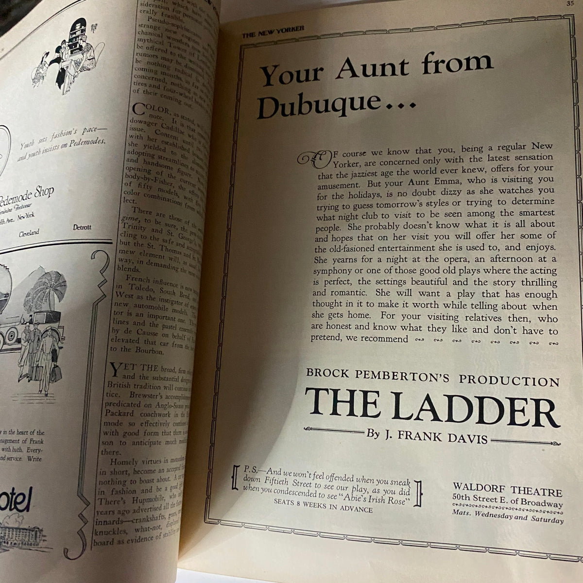 Page from The New Yorker December 25, 1926 featuring an article titled 'Your Aunt from Dubuque...'