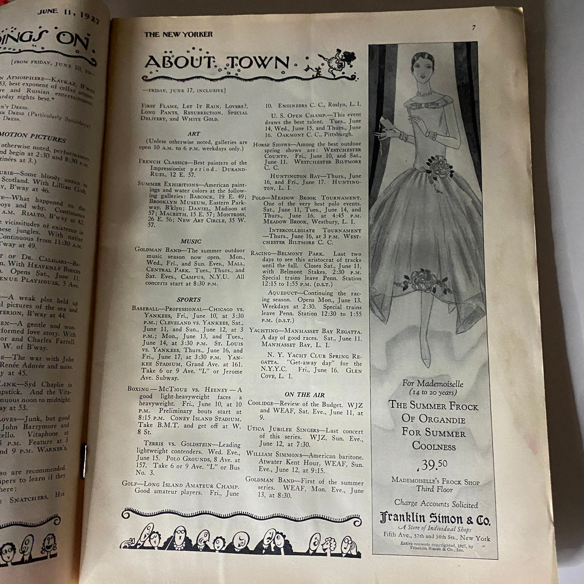 Interior page of The New Yorker Complete Magazine June 11, 1927 featuring listings in 'About Town', highlighting cultural events and advertisements.