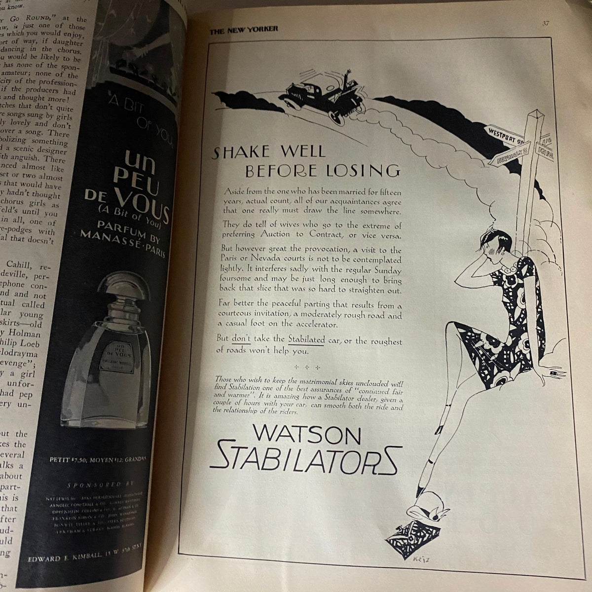 Interior page of The New Yorker Complete Magazine June 11, 1927 featuring an advertisement with a vintage illustration promoting Watson Stabilizers.