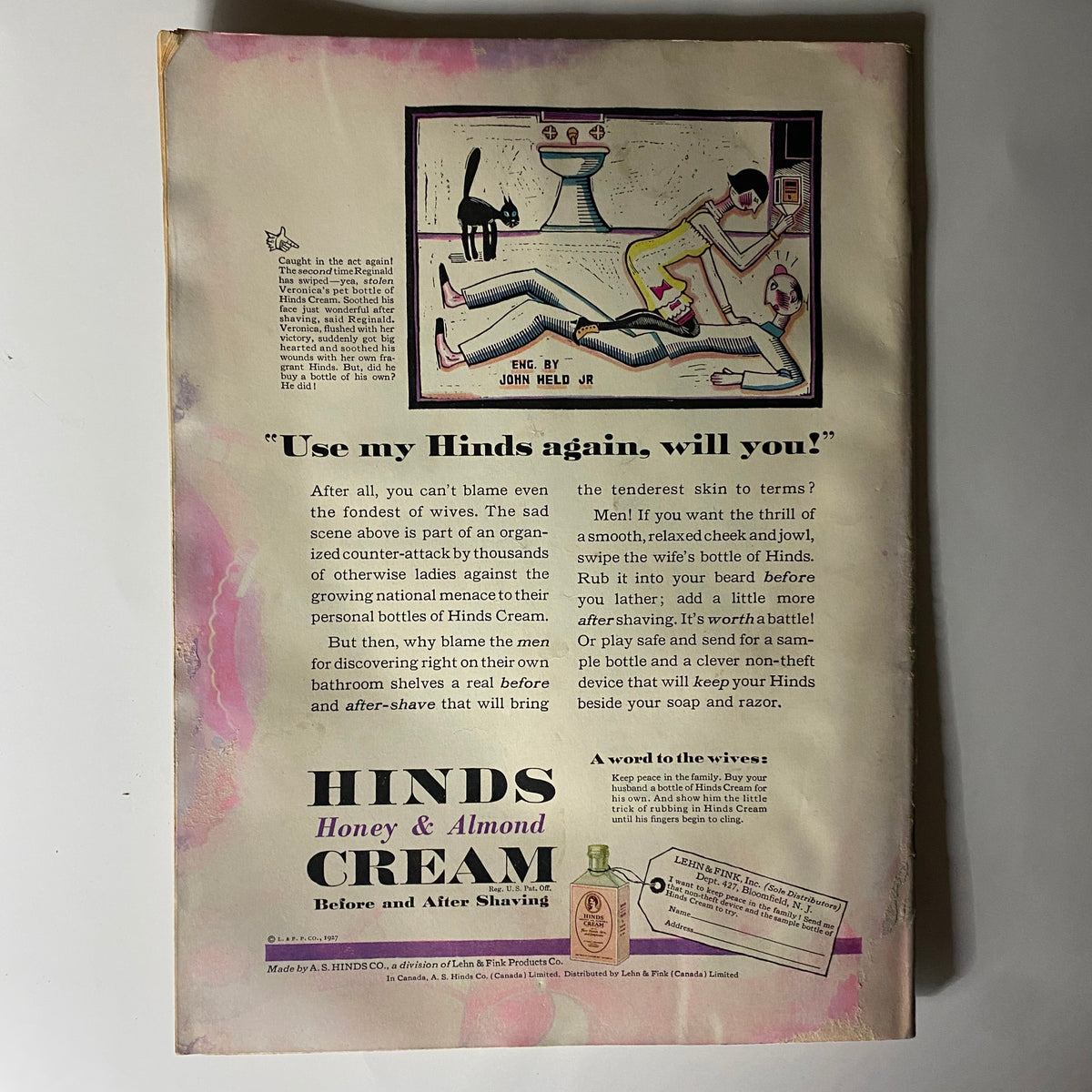 Back cover of The New Yorker Complete Magazine June 11, 1927 showcasing an advertisement for Hinds Honey and Almond Cream with a colorful illustration.