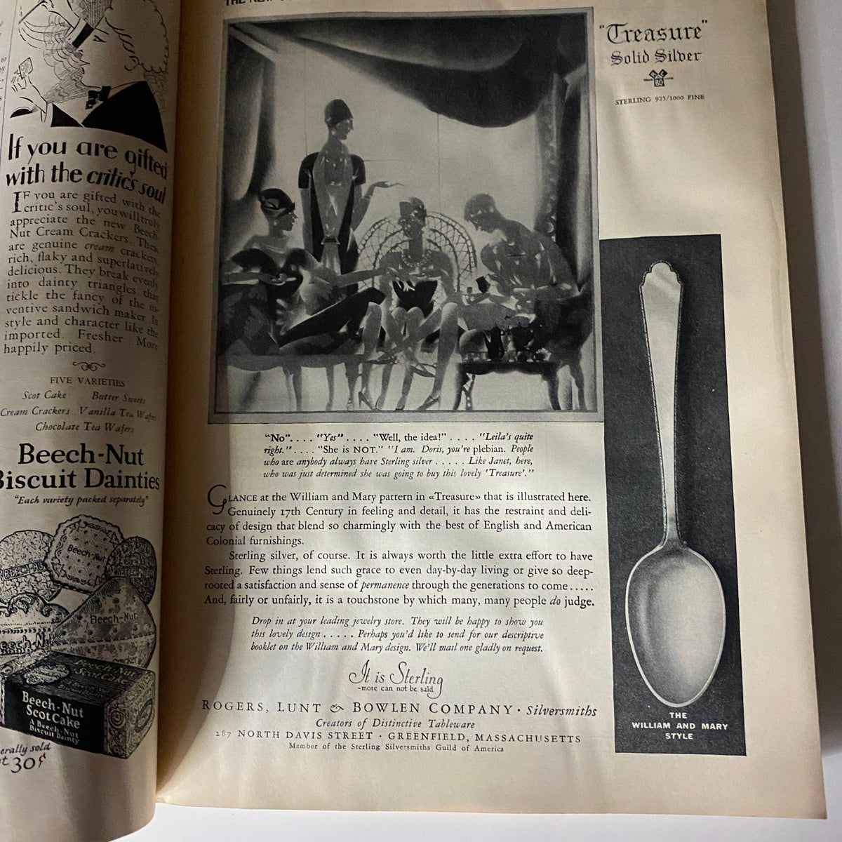 Advertisement for sterling silver items in The New Yorker Complete Magazine May 21, 1927 illustrating product design.