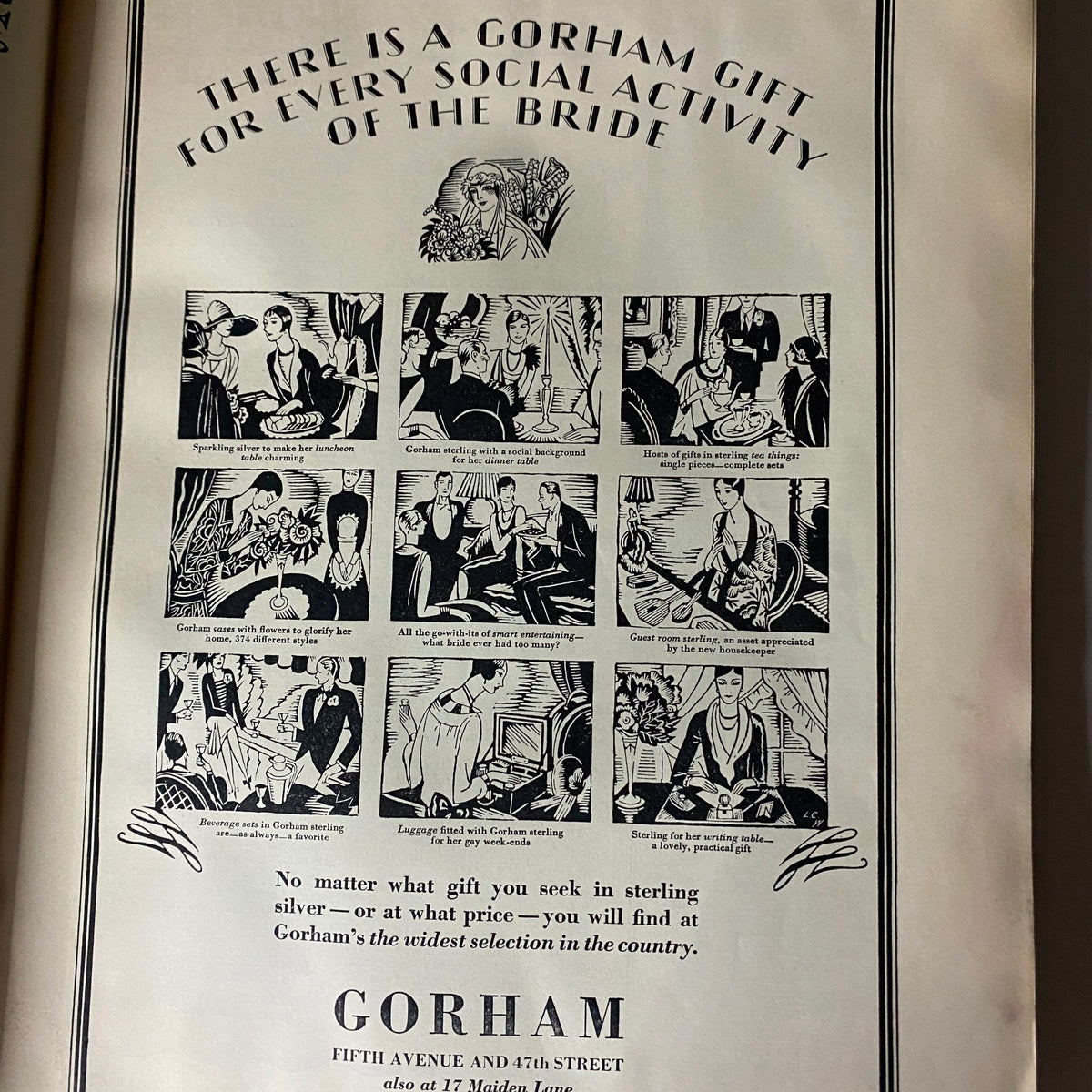 Advertisement page in The New Yorker Complete Magazine June 4, 1927 highlighting Gorham gifts for brides.