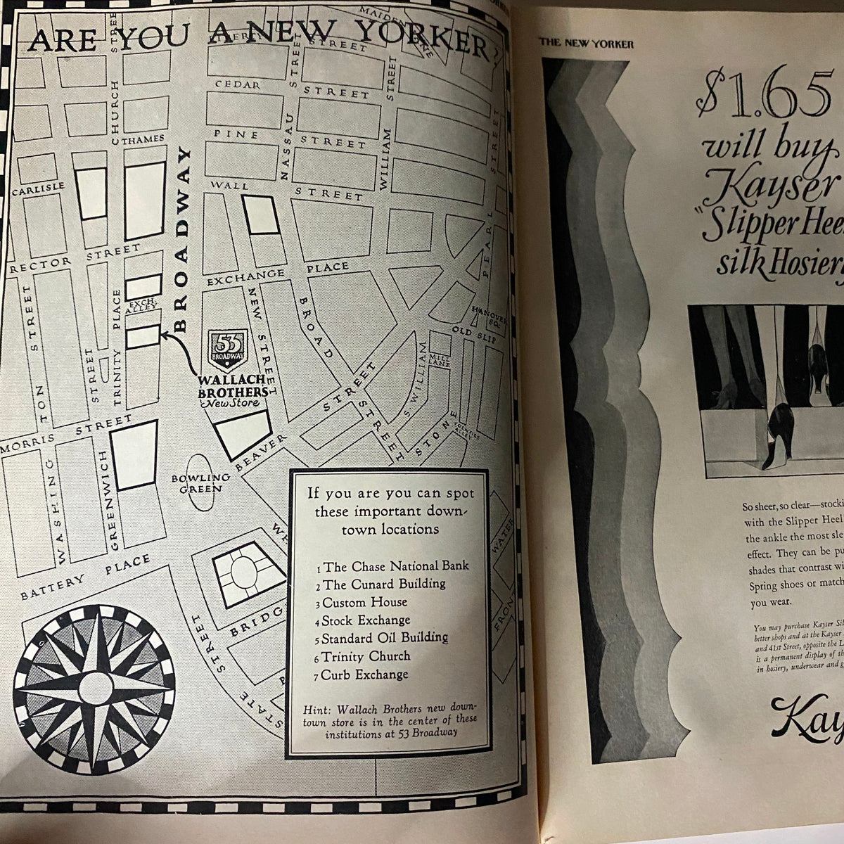 Inside spread of 'The New Yorker Complete Magazine February 5, 1927' showcasing a map of downtown New York City and advertisements.