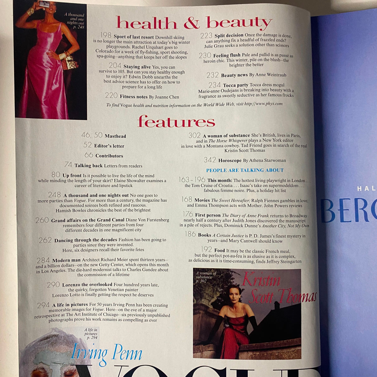 Interior page from Vogue Magazine December 1997 detailing health and beauty features, alongside notable articles including a profile on actress Kristin Scott Thomas and various fashion insights.