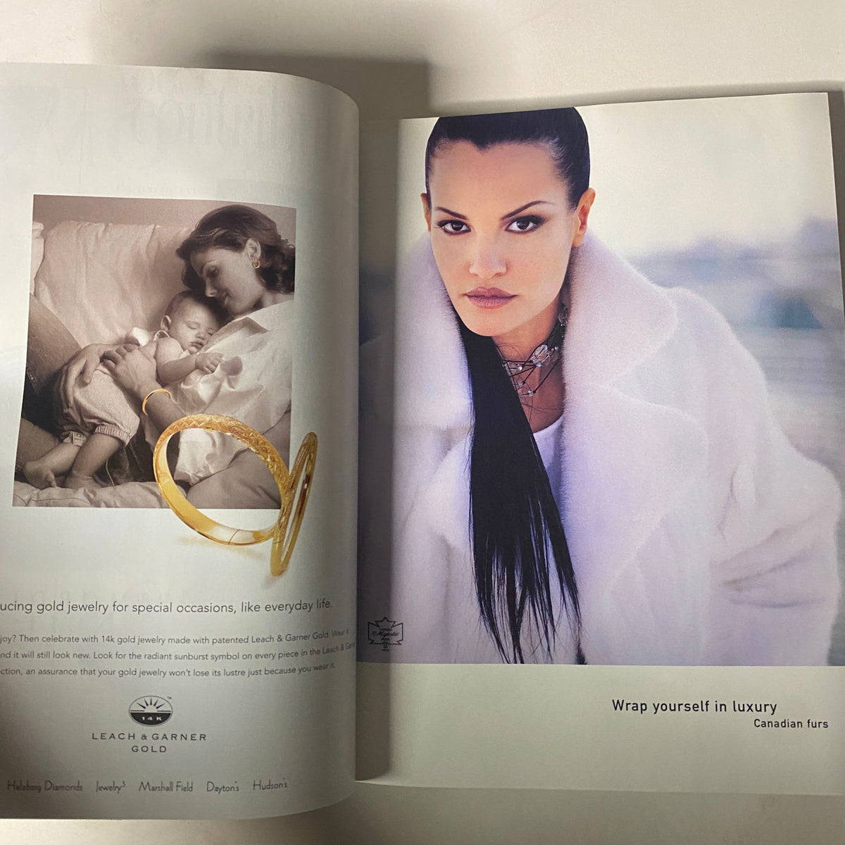 An advertisement featuring professional model and jewelry showcasing gold jewelry for special occasions in Vogue Magazine November 1997, with Stella Tennant on the cover by Steven Meisel.
