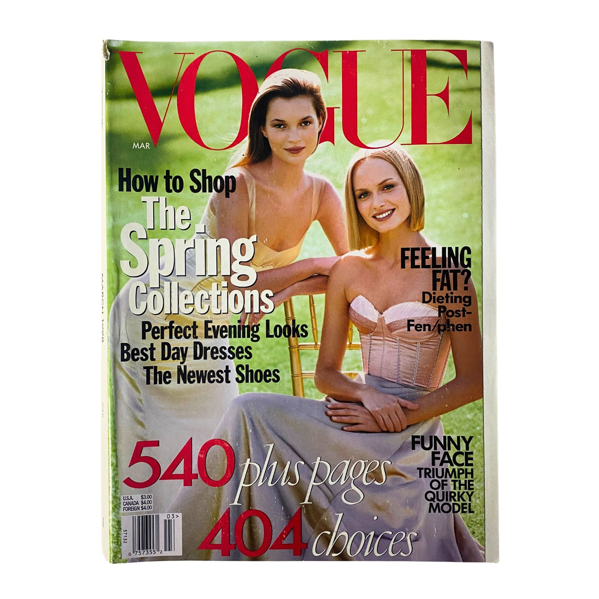 Cover of Vogue Magazine, March 1998 featuring supermodels Kate Moss and Amber Valletta, photographed by Steven Meisel. This issue explores spring fashion trends and includes topics on evening looks and modern styles, highlighting the vibrant fashion scene of the late 1990s.