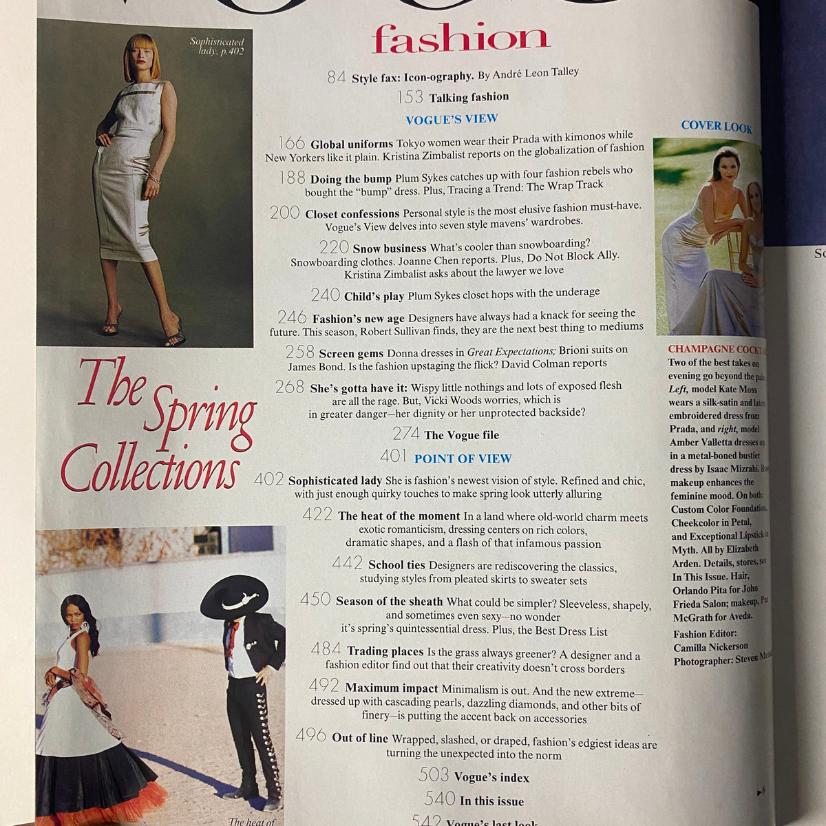 Contents page of Vogue Magazine March 1998, detailing articles including Icon-ography by André Leon Talley, Global Uniforms by Kristina Zimbalist, and fashion insights.