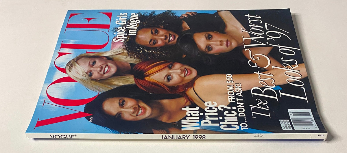Vogue Magazine January 1998 showcasing the Spice Girls on the cover with the text 'What Price Chic?'. This vintage issue is known for its captivating fashion insights and celebrity features.