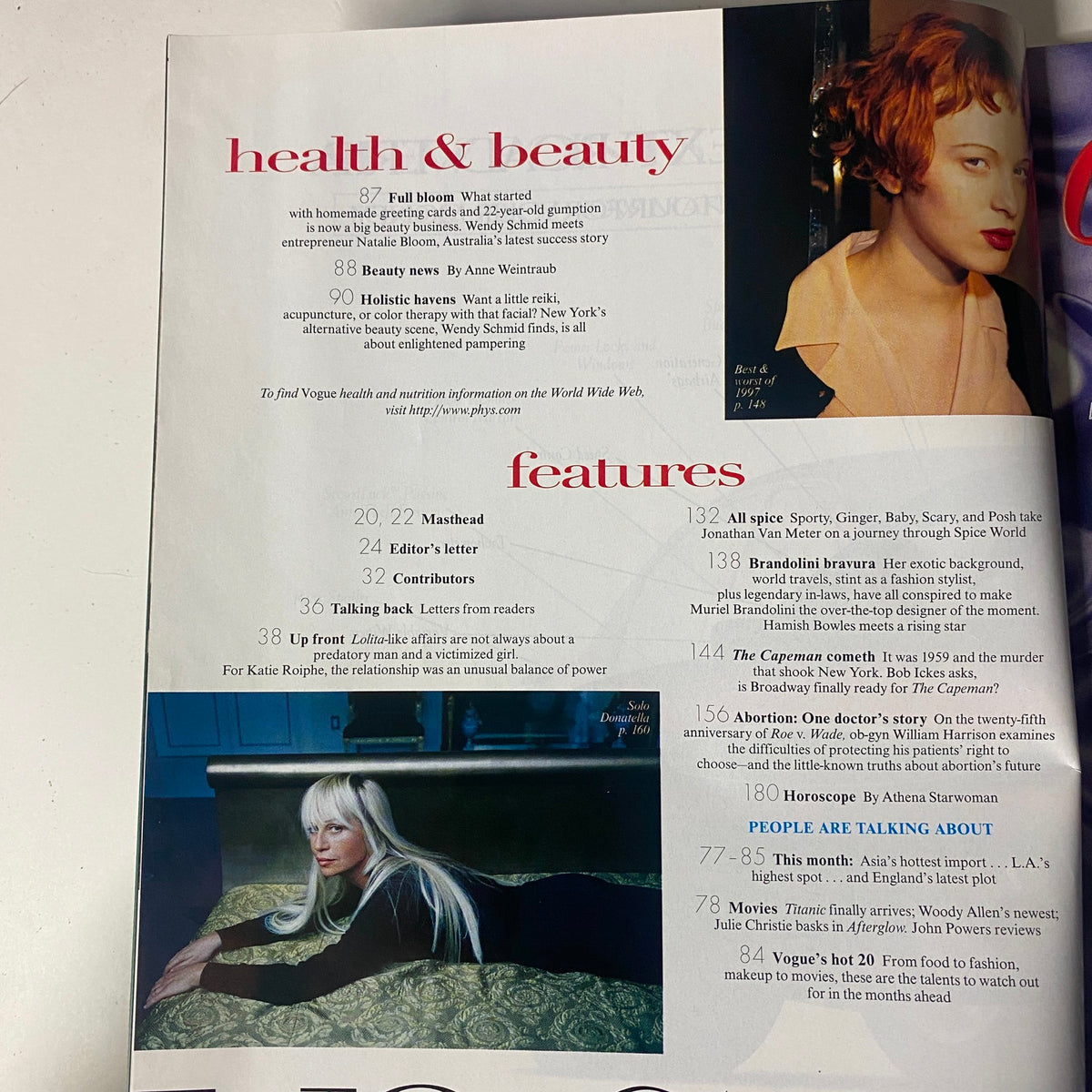 Inside page of Vogue Magazine January 1998 detailing health and beauty articles, including contributions by Wendy Schmid. The issue features profiles and insights related to the Spice Girls and the fashion industry.