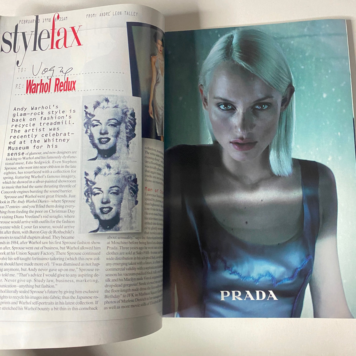 Stylish segment in Vogue Magazine February 1998 featuring the 'Style Fax: Warhol Redux' article, showcasing a modern take on fashion inspired by Andy Warhol.