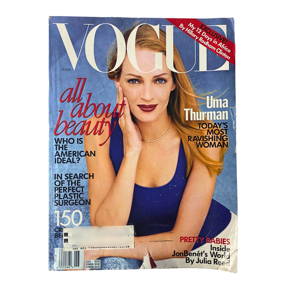 Vogue Magazine June 1997 cover featuring Uma Thurman, photographed by Steven Meisel, showcasing beauty themes.
