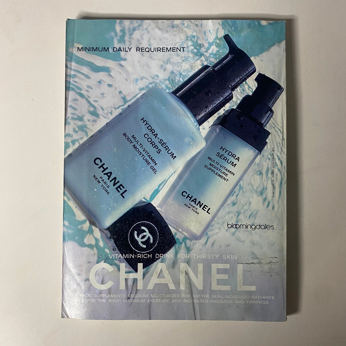 Vogue Magazine June 1997 featuring a Chanel advertisement for Hydra-Cream skincare products, emphasizing hydration and skin radiance with a sleek design style.