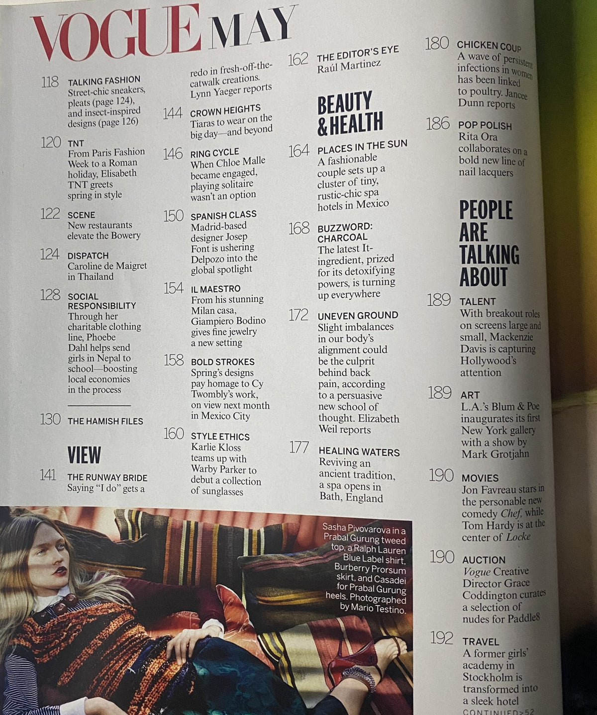 Interior page of Vogue Magazine May 2014, displaying the table of contents and features including 'Beauty & Health' and 'People Are Talking About'.