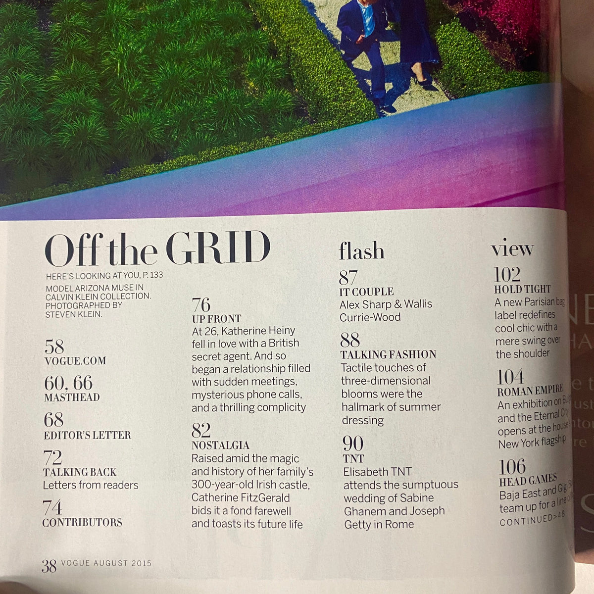 Content page from Vogue Magazine August 2015 highlighting features such as 'Off the Grid' and short articles about fashion topics and contributors.