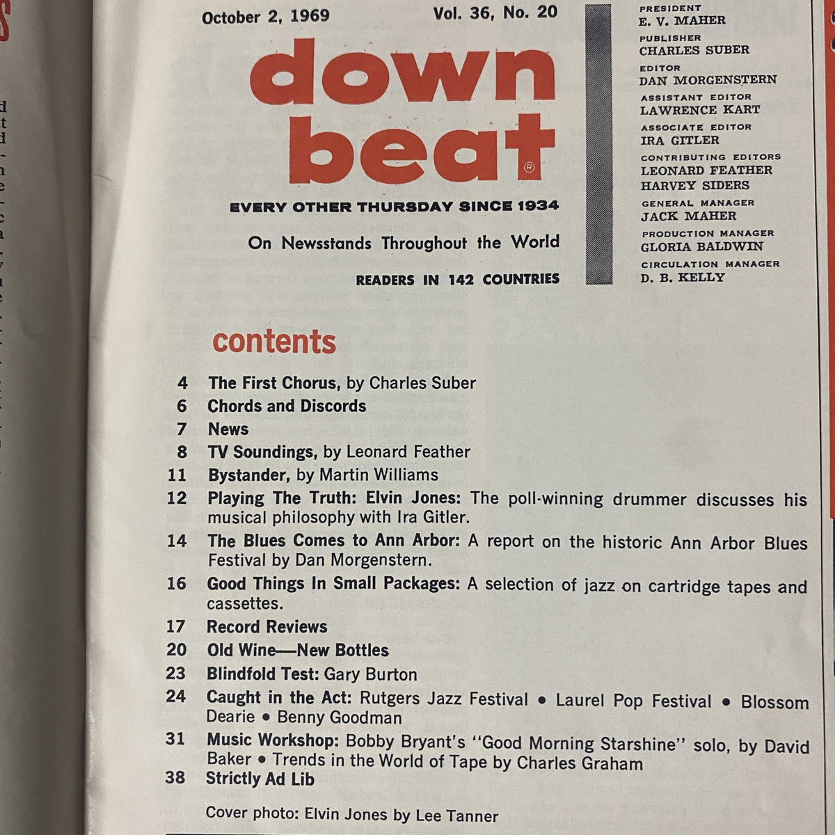 Cover of Down Beat Magazine, October 2, 1969, Vol. 36 No. 20 featuring drummer Elvin Jones. The cover includes a photograph by Lee Tanner and highlights contents such as an interview with Elvin Jones discussing his musical philosophy and coverage of the Ann Arbor Blues Festival.