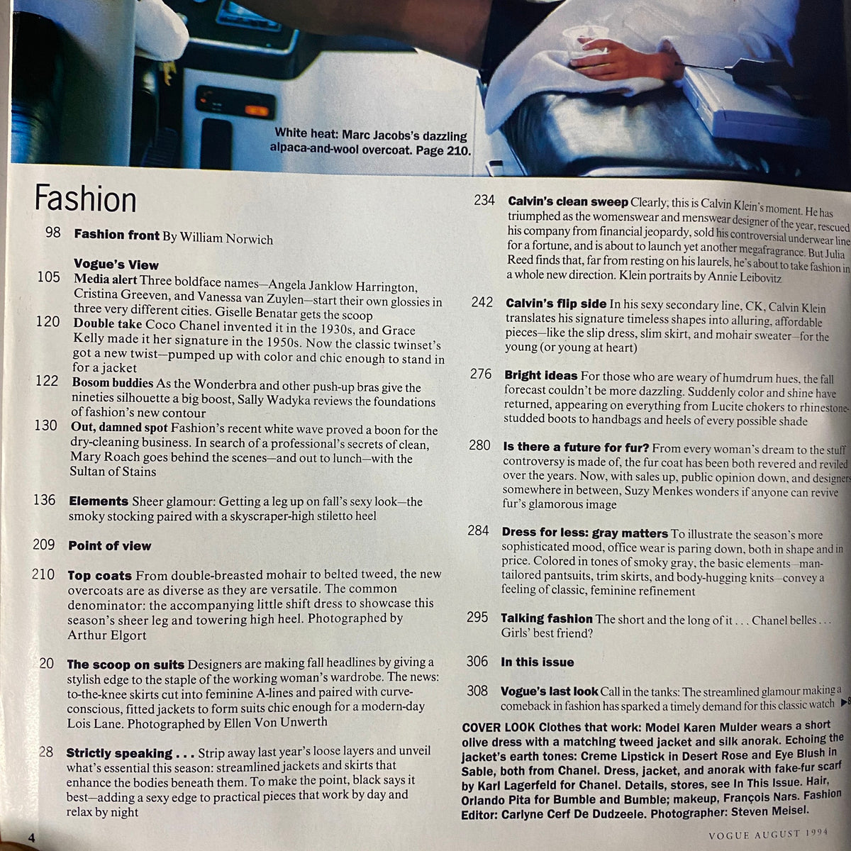 Contents page from Vogue Magazine August 1994, detailing fashion articles including 'Fashion Front' and 'The Scoop on Suits', capturing the essence of 1990s fashion.