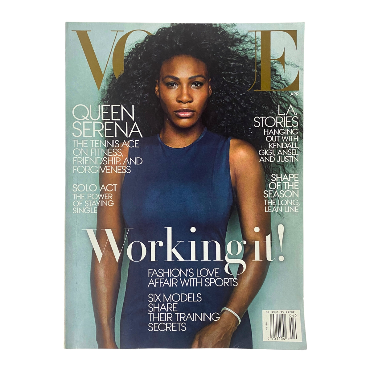 Cover of Vogue Magazine, April 2015 featuring Serena Williams. The issue highlights Serena's fitness journey and friendship with Caroline Wozniacki, while showcasing the blend of fashion and sports. Title: Vogue Magazine April 2015 Serena Williams Cover No Label VG.