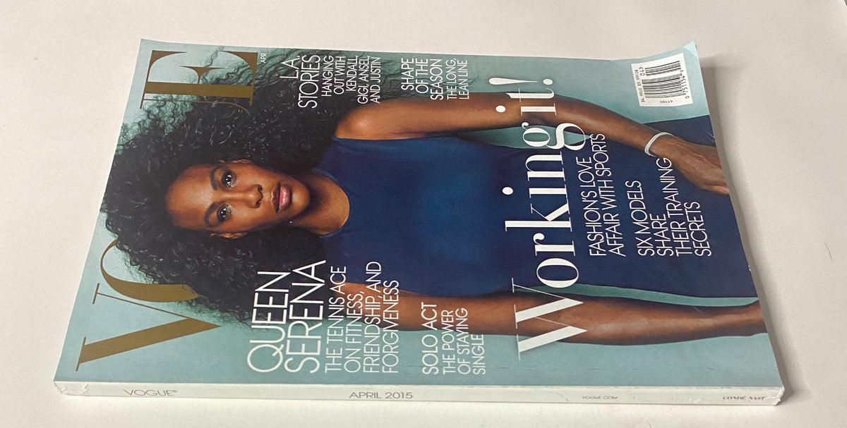 Cover of Vogue Magazine April 2015 featuring Serena Williams, titled 'Queen Serena: Working it!' showcasing her influence in fitness and fashion.