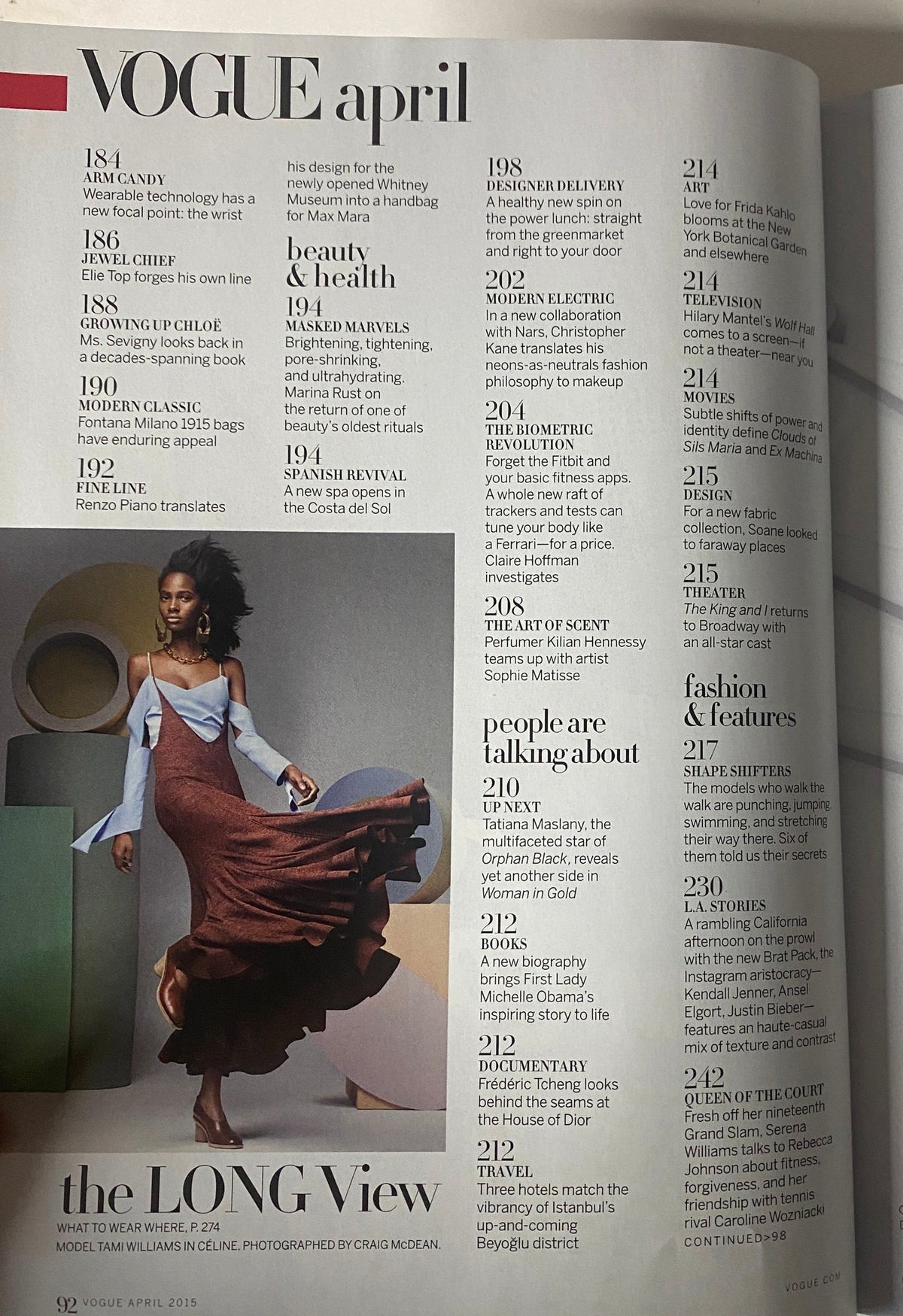 Interior page from Vogue Magazine April 2015 displaying fashion features and health topics with a focus on wellness and advanced fashion technologies.