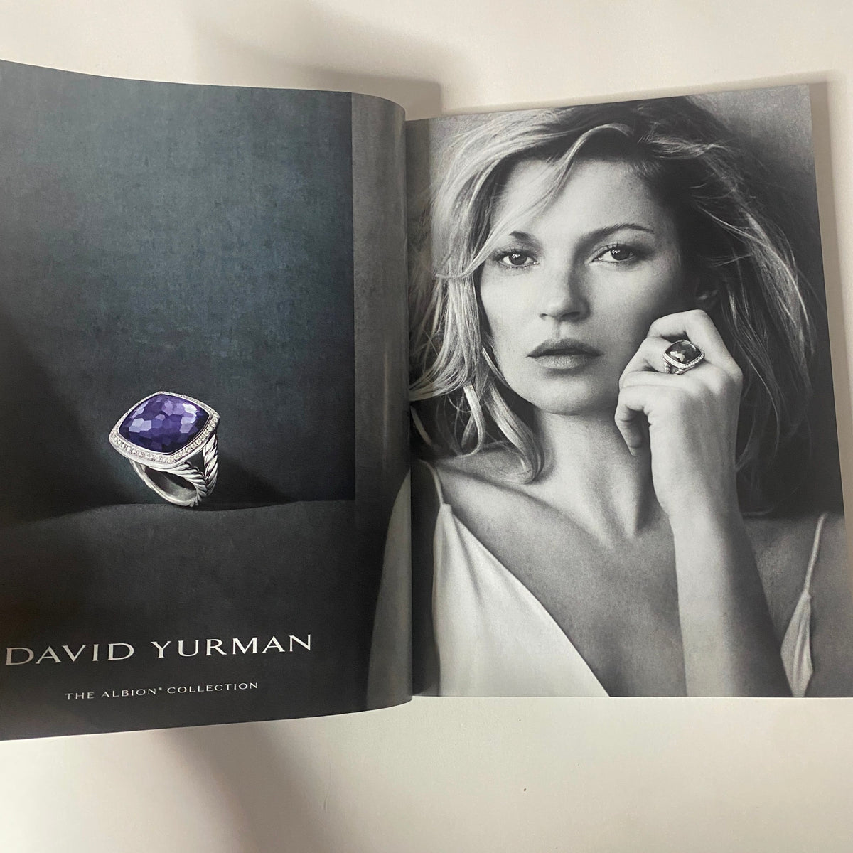 Advertisement page in Vogue Magazine April 2015 featuring a black and white photo of a model with a ring, promoting David Yurman's 'The Albion' Collection.