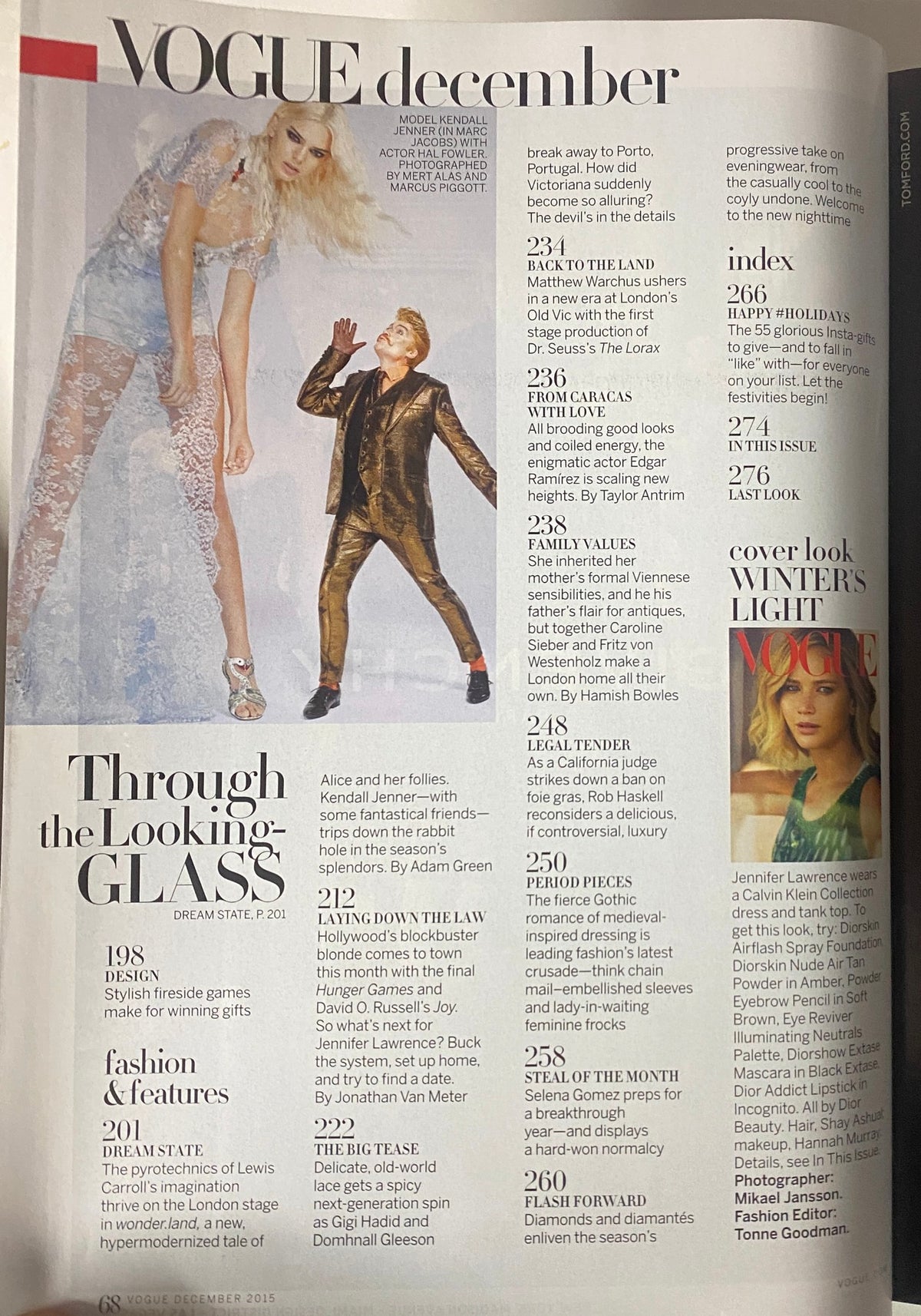Interior table of contents page from Vogue Magazine December 2015, outlining articles including 'Dream State' and featuring Jennifer Lawrence.