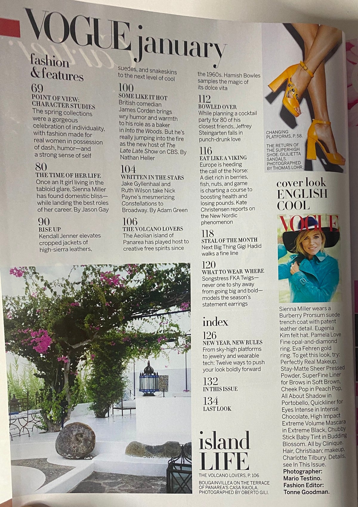 Fashion features page from Vogue Magazine January 2015, showcasing articles including Sienna Miller's resurgence and industry insights.