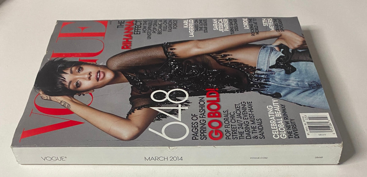 Back cover of Vogue Magazine March 2014 featuring Rihanna, emphasizing the title 'The Rihanna Effect'. The image showcases details of articles like 'The 24/7 Actress' and 'Celebrating Global Beauty' along with promotional text.