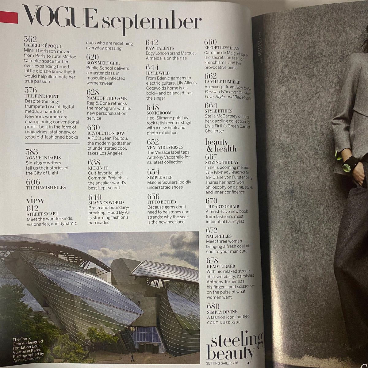 Table of contents from Vogue Magazine September 2014, displaying sections on fashion, beauty, and cultural features, including contributions from various authors.